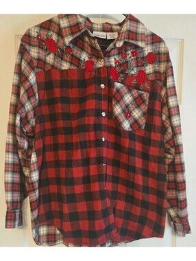 Vtg Embroidered Red Floral Grunge punk skater Flannel Sz 10/M